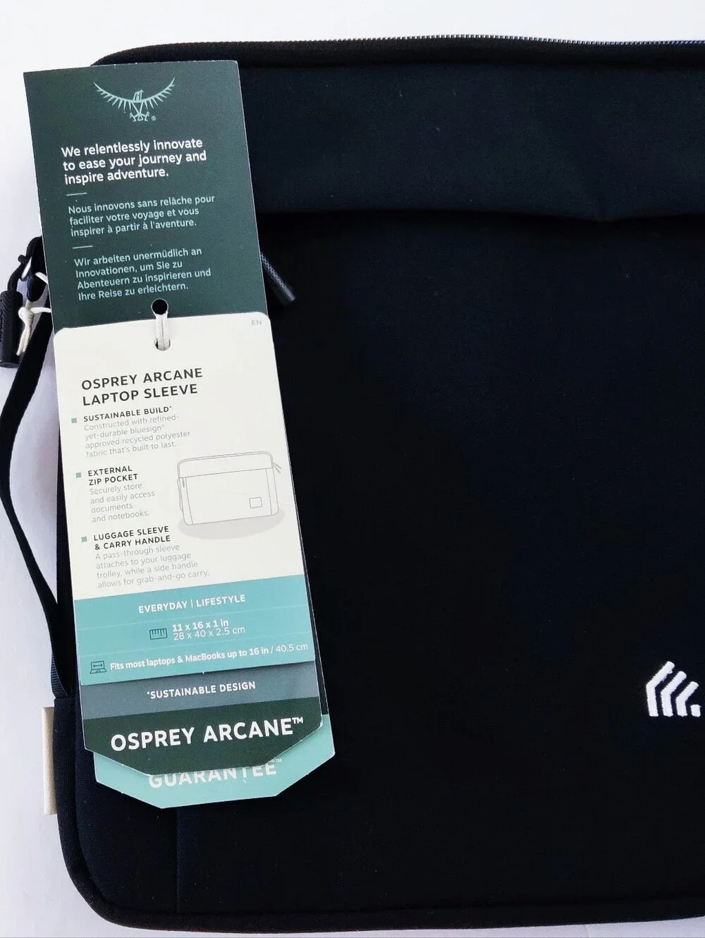 NWT. Osprey Arcane Black Laptop Sleeve. 11×16×1.
